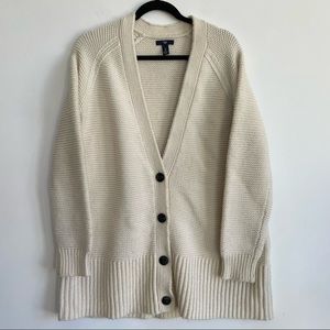 GAP Knit Button Down V Neck Cardigan Tan Cream Cable Chunky Wool Blend Large